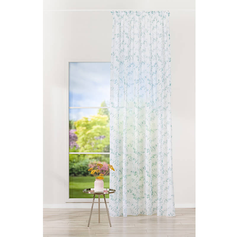 Curtain fabric with lead thread 2.80m Luiza – white with cool green plant pattern