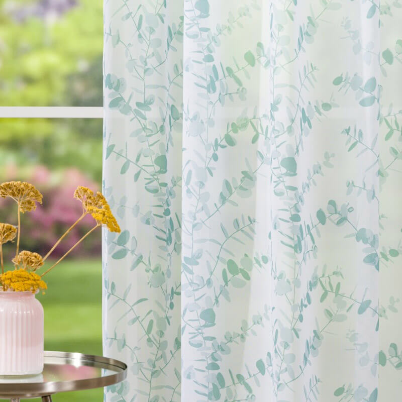 Curtain fabric with lead thread 2.80m Luiza – white with cool green plant pattern