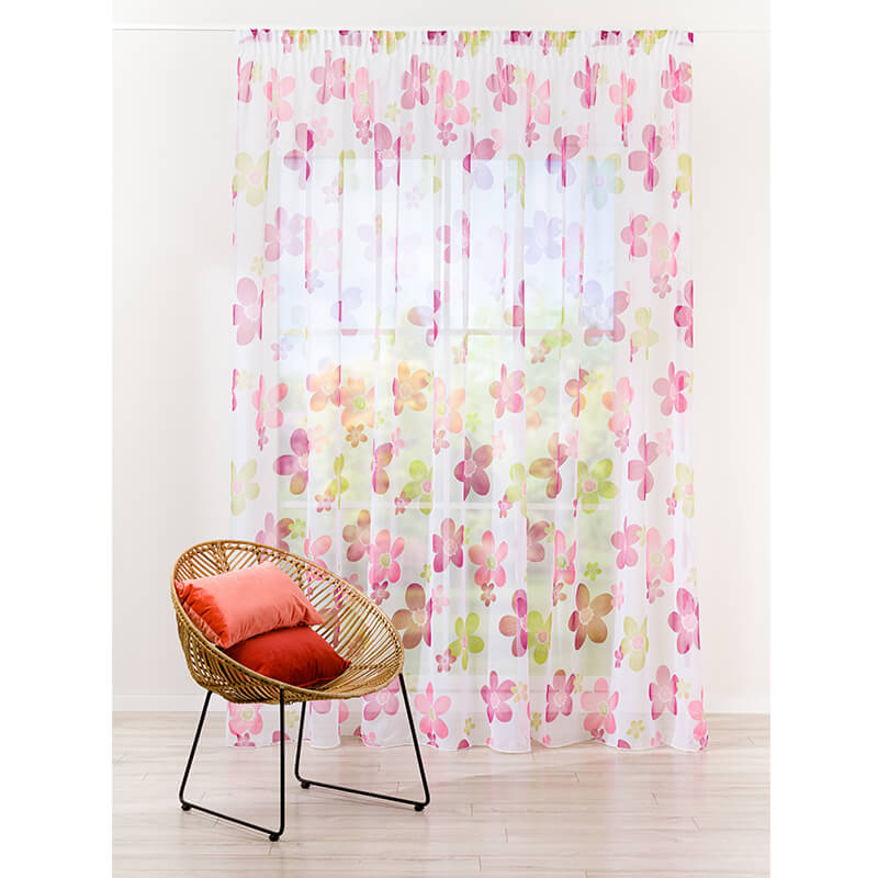 Curtain tulle with lead thread 2.80m Silan – white with lilac pink floral pattern