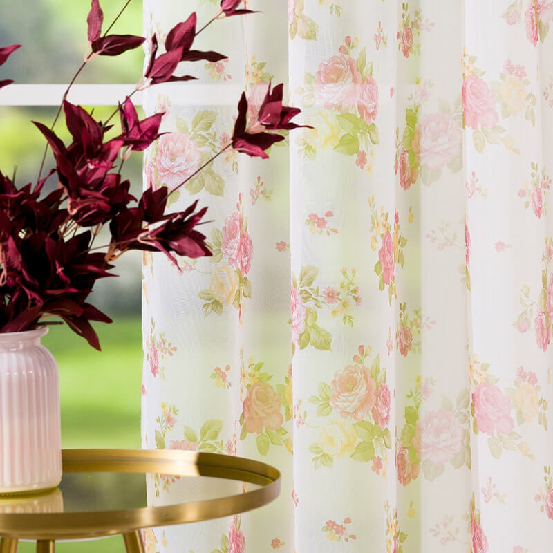 Curtain tulle with lead thread 2.80m - cream color with rose pattern