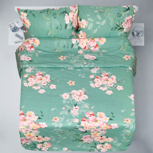 Kokvilnas audums 220cm | 130g/m² – ziedi uz mint fona