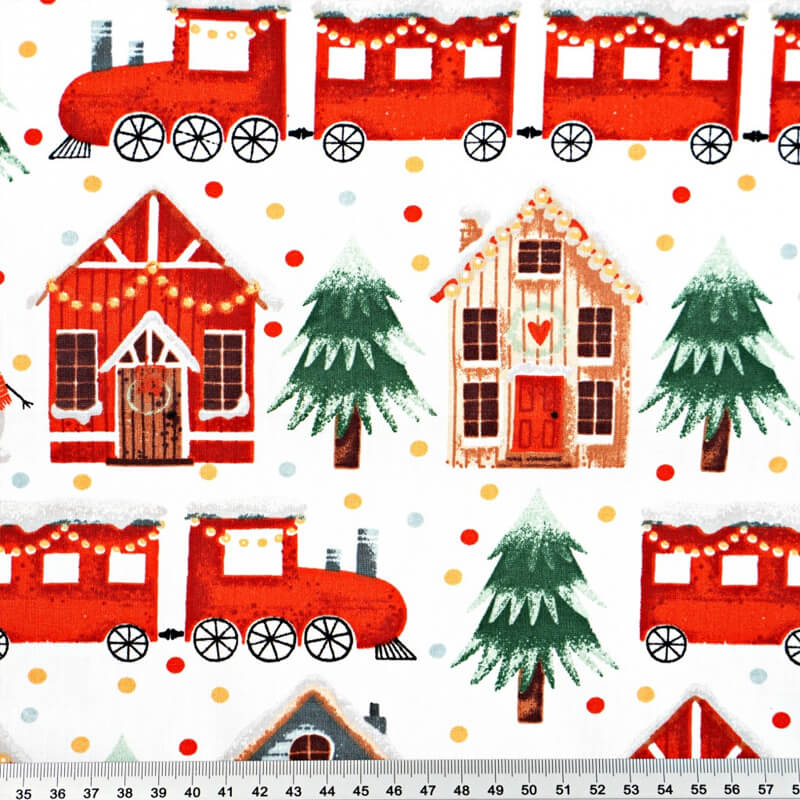 Cotton fabric 160cm | 130g/m² – trains and gingerbread houses
