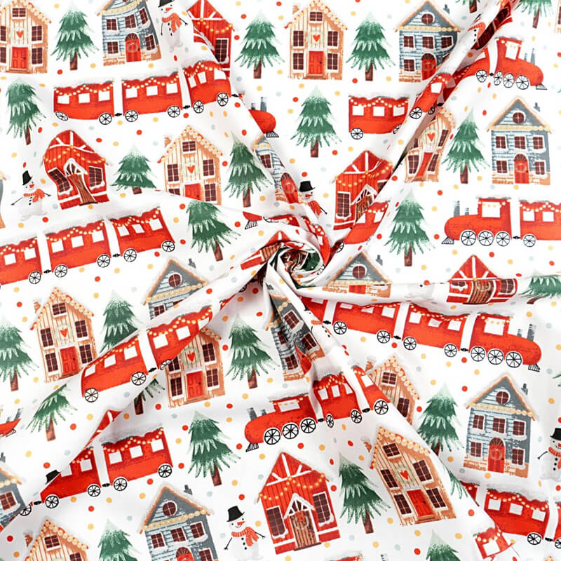 Cotton fabric 160cm | 130g/m² – trains and gingerbread houses
