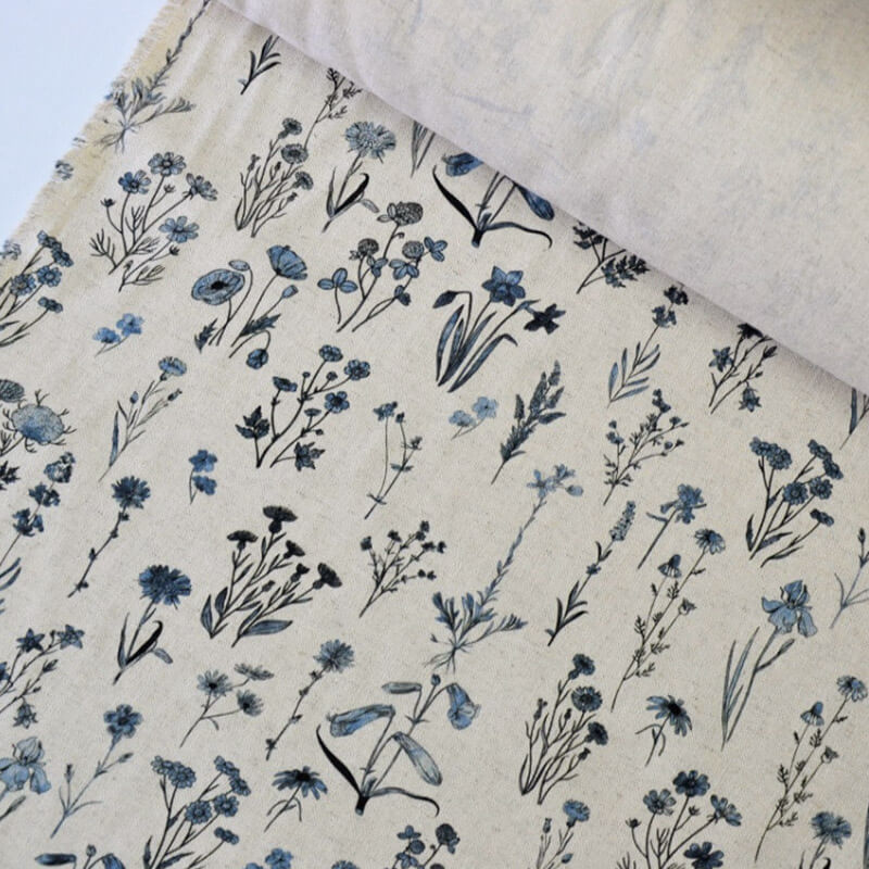 Linen fabric 150cm | 154g/m² – linen gray with meadow flower pattern