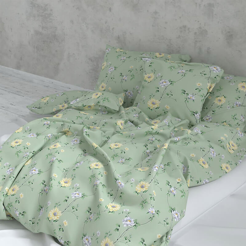 Kokvilnas satīna audums 220cm | 125g/m² – pistāciju zaļš ar ziedu rakstu