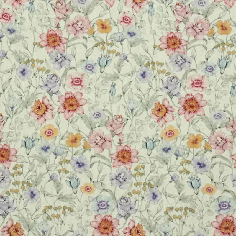 Linen knit fabric 145cm | 192g/m² – flowers on a natural background