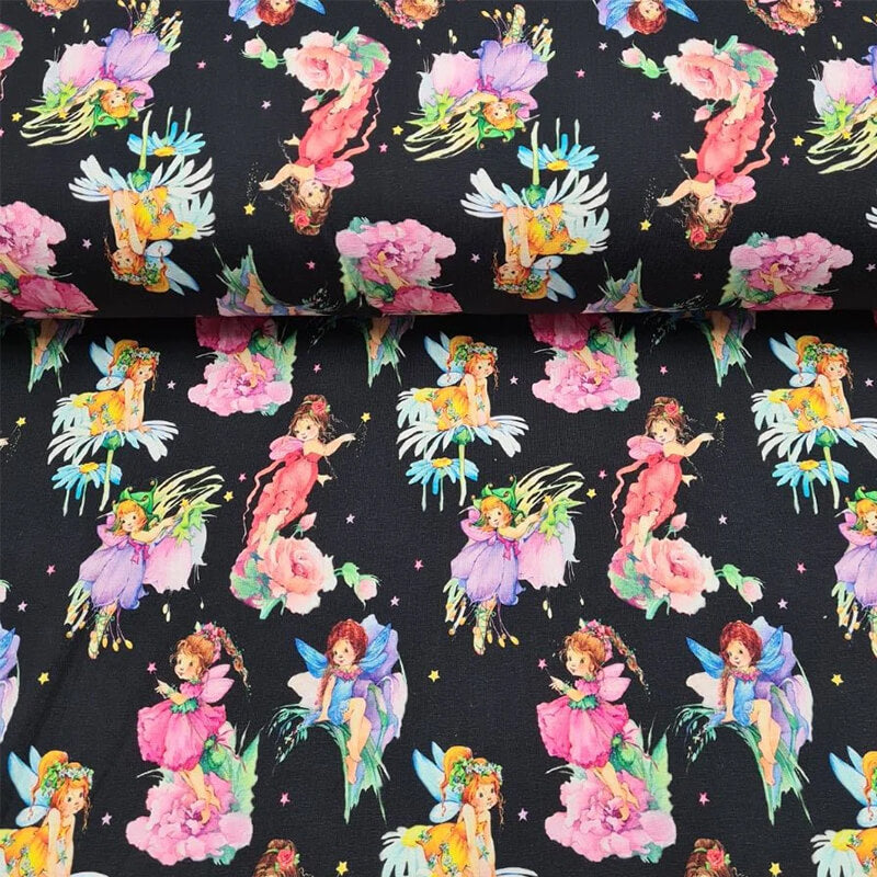Knitted fabric 150cm | 200g/m² – fairies on a black background