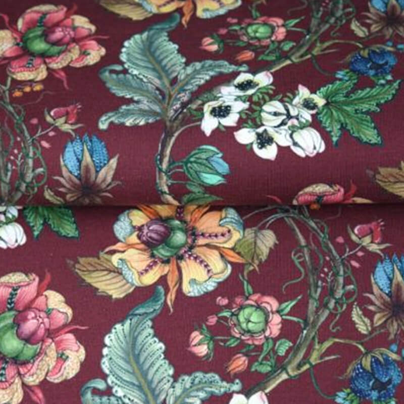 Loop knit fabric 150cm | 210g/m² – floral pattern on burgundy background