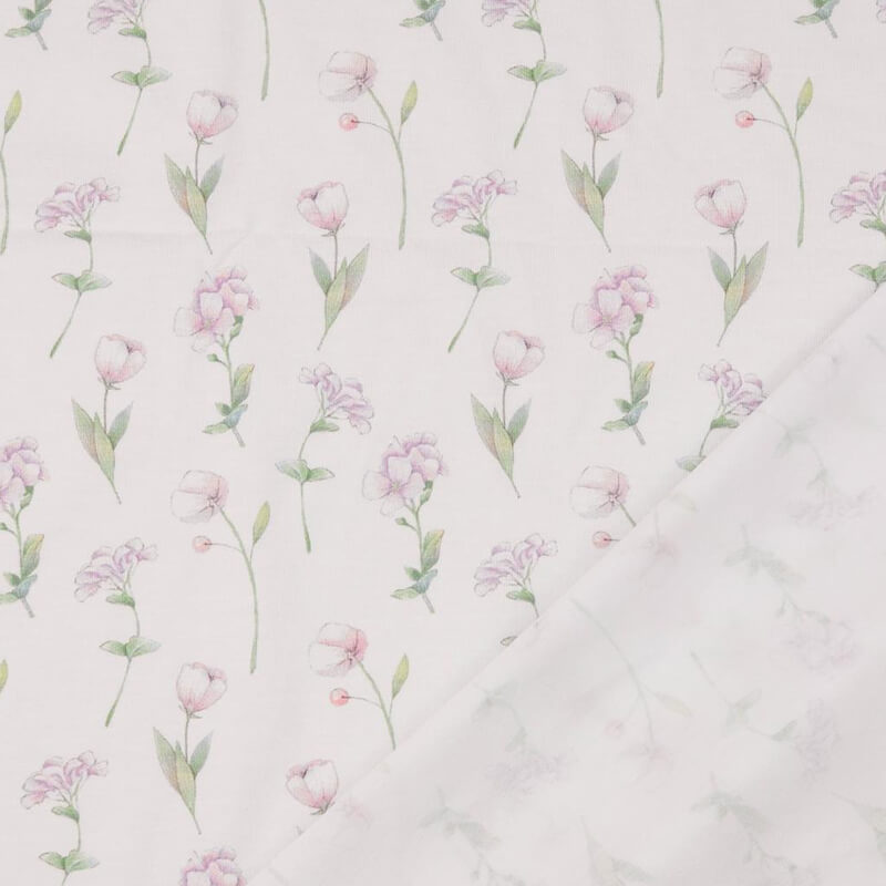 Knitted fabric 150cm | 200g/m² – flowers on a white background