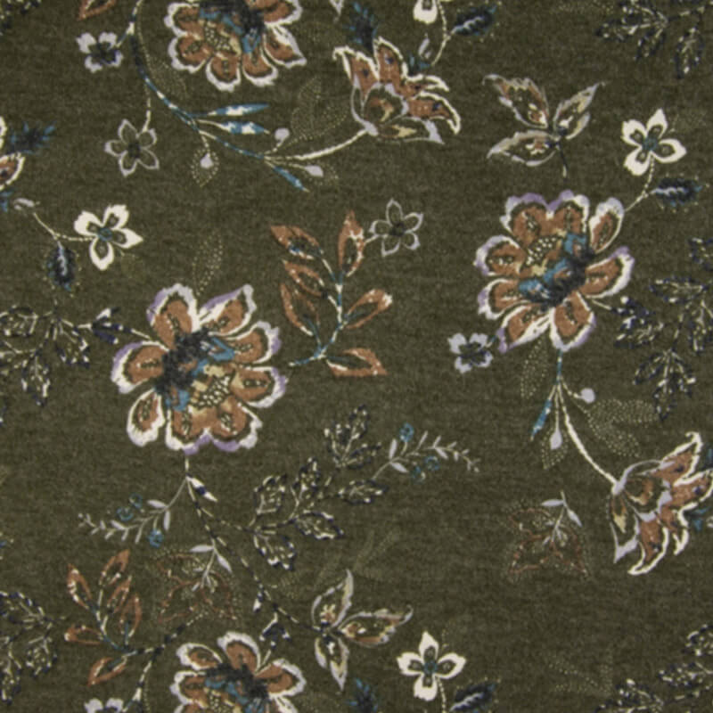 Knitted fabric 145cm - flowers on moss green background