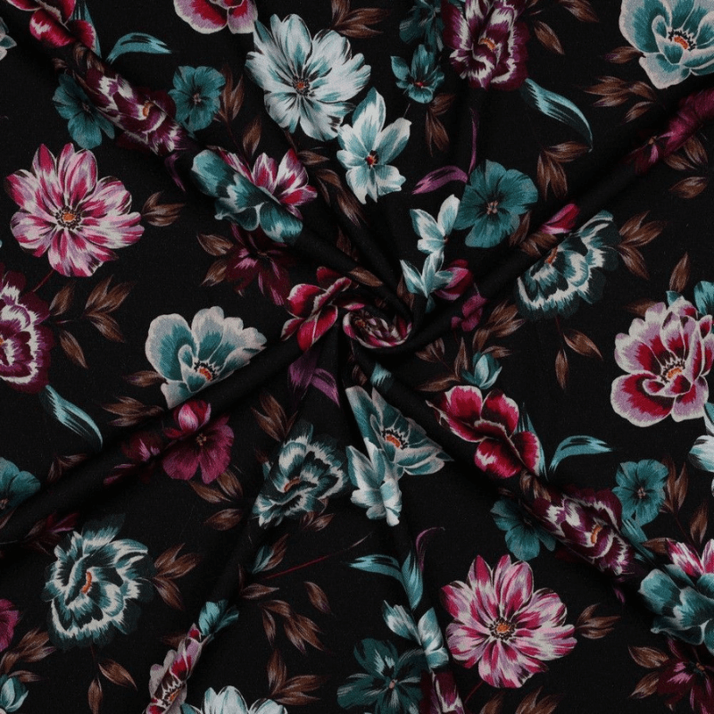 Viscose fabric with elastane 140cm | 180g/m² – flowers on a black background