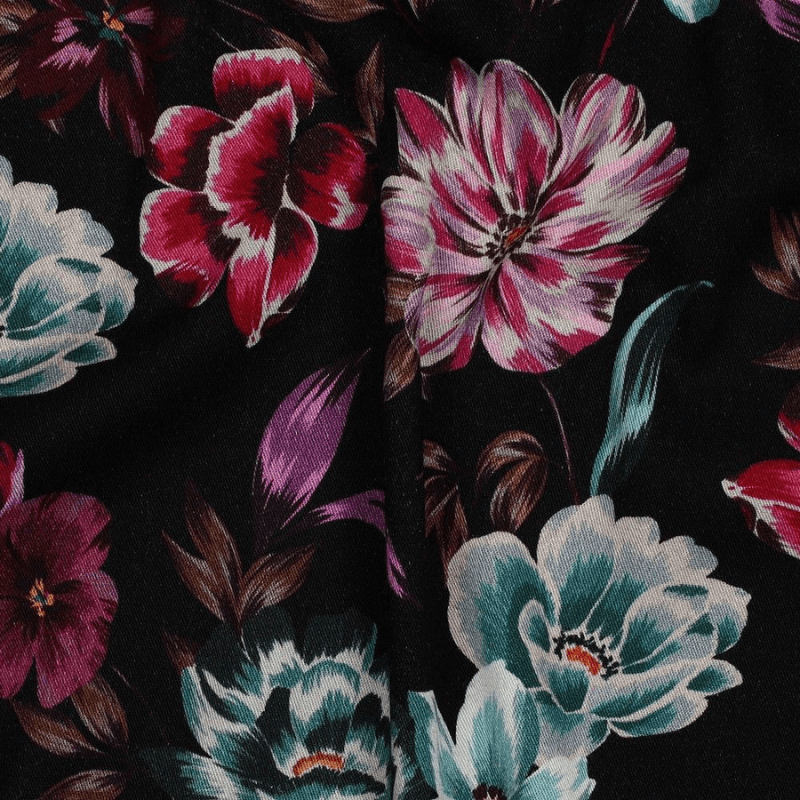 Viscose fabric with elastane 140cm | 180g/m² – flowers on a black background