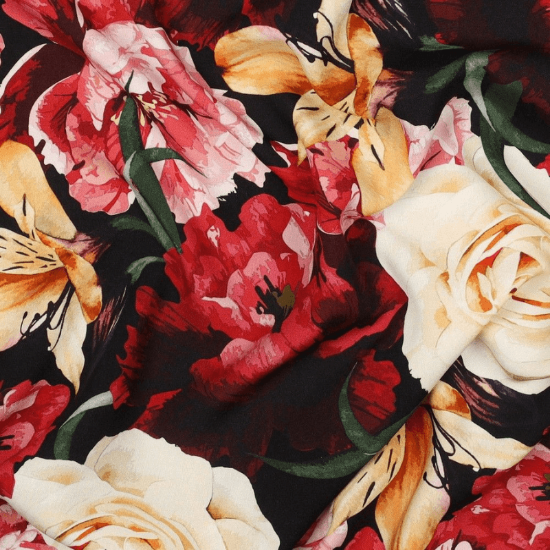 Viscose fabric 140cm | 105g/m² – flowers on a black background