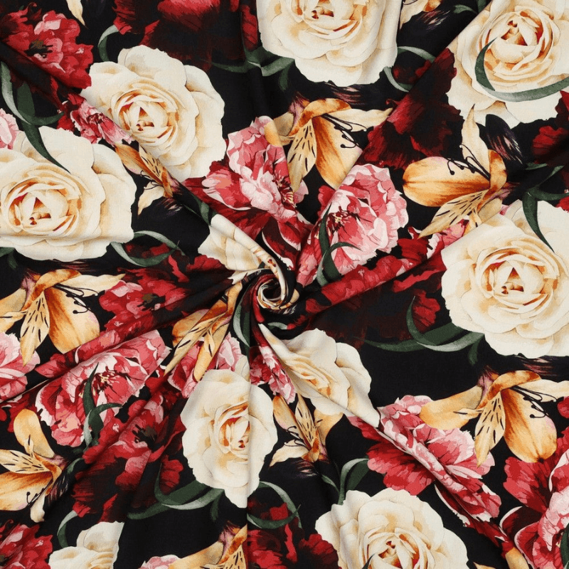 Viscose fabric 140cm | 105g/m² – flowers on a black background