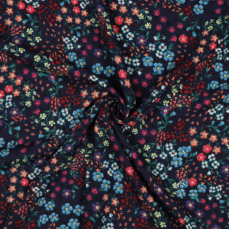 Viscose fabric 140cm | 110g/m² – flowers on a dark blue background