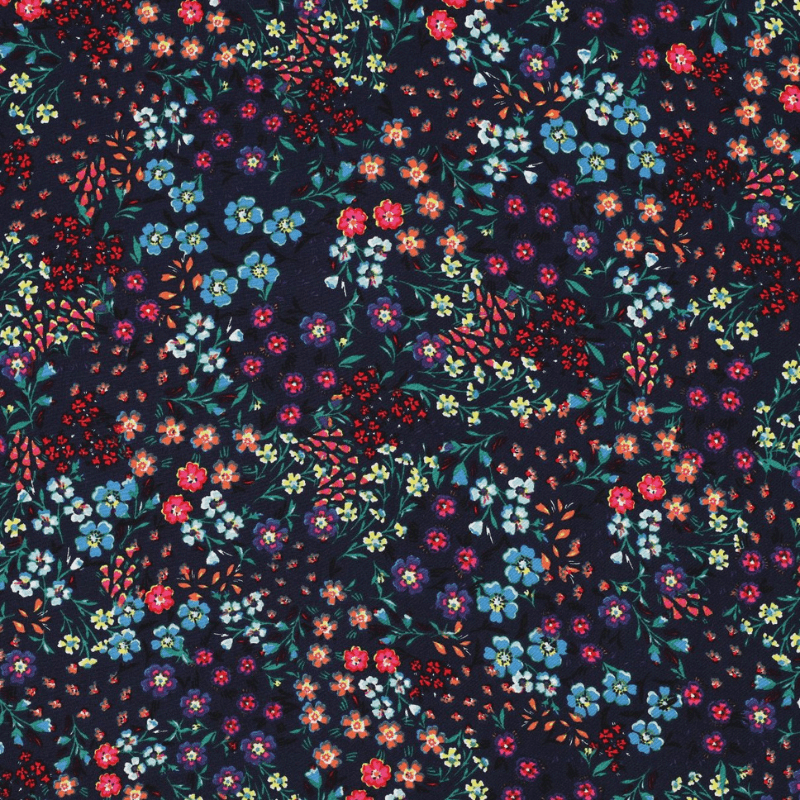 Viskozes audums 140cm | 110g/m² – ziediņi uz tumši zila fona