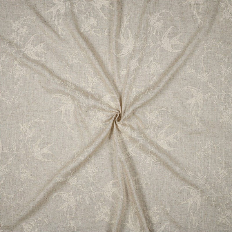 Izšūts linu - viskozes audums 130cm | 245g/m² - putniņi uz dabīga fona