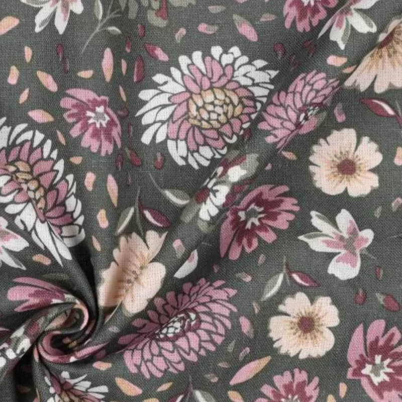 Viscose - linen fabric 135cm - seaweed green with floral pattern