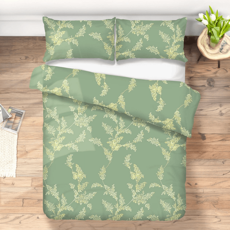 Kokvilnas gultas veļas komplekts 200x210cm – augu raksts – zaļš