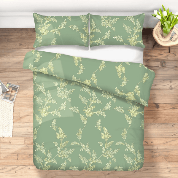 Kokvilnas gultas veļas komplekts 200x210cm – augu raksts – zaļš