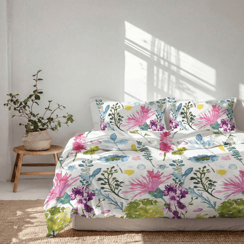 Kokvilnas gultas veļas komplekts 240x220cm – balts ar akvareļa ziediem