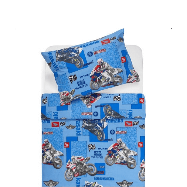 Kokvilnas gultas veļas komplekts 150x210cm – motocikls