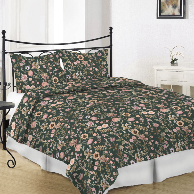 Kokvilnas satīna gultas veļas komplekts 150x220cm – ziedi- tumši zaļš