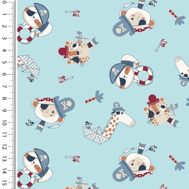 Kokvilnas audums 150cm | 120g/m² - mazie pirāti - gaiši zils