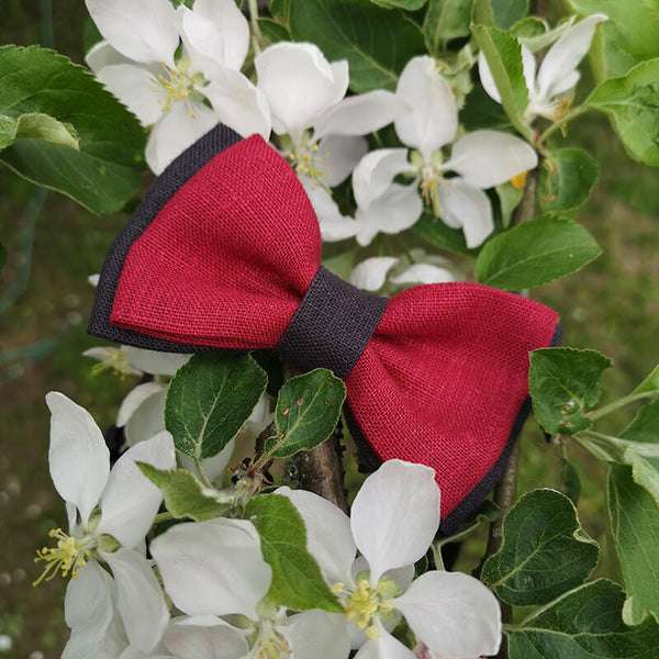 Linu auduma bērnu tauriņš – tumši sarkans / tumši pelēks