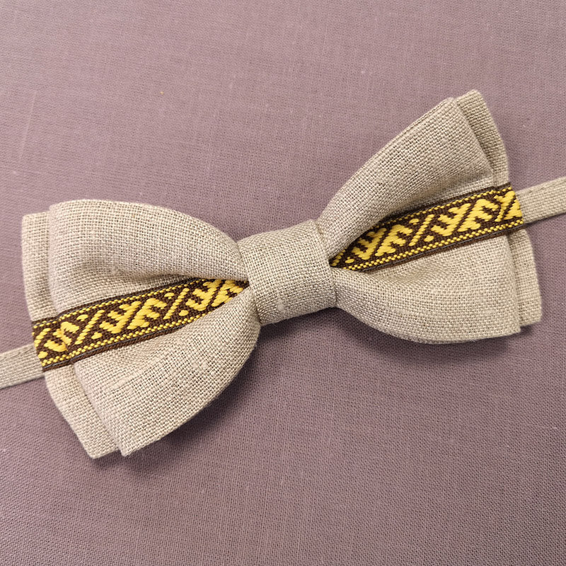 Linen fabric men's bow tie - linen gray with Ūsiņas brand ribbon